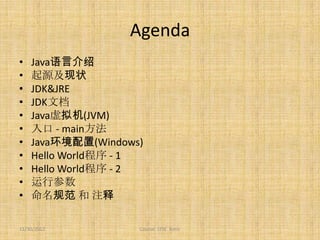 Agenda
•   Java语言介绍
•   起源及现状
•   JDK&JRE
•   JDK文档
•   Java虚拟机(JVM)
•   入口 - main方法
•   Java环境配置(Windows)
•   Hello World程序 - 1
•   Hello World程序 - 2
•   运行参数
•   命名规范 和 注释

11/30/2012          Course: J2SE Basic
 