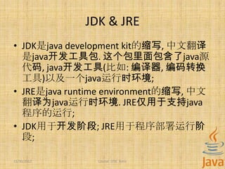 JDK & JRE
• JDK是java development kit的缩写, 中文翻译
  是java开发工具包. 这个包里面包含了java源
  代码, java开发工具(比如: 编译器, 编码转换
  工具)以及一个java运行时环境;
• JRE是java runtime environment的缩写, 中文
  翻译为java运行时环境. JRE仅用于支持java
  程序的运行;
• JDK用于开发阶段; JRE用于程序部署运行阶
  段;

11/30/2012      Course: J2SE Basic
 