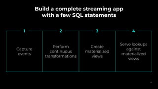 Build a complete streaming app
with a few SQL statements
20
Capture
events
Perform
continuous
transformations
Create
materialized
views
Serve lookups
against
materialized
views
1 2 3 4
 