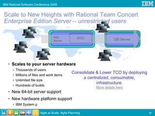 IBM Rational Software Conference 2009


Scale to New Heights with Rational Team Concert
Enterprise Edition Server – unrestricted users

                                  App                RTC
                                  Server                              DB Server




      Scales to your server hardware
        Thousands of users
                                                Consolidate & Lower TCO by deploying
        Millions of files and work items
                                                     a centralized, consumable,
        Unlimited file size
                                                            infrastructure.
        Hundreds of builds
                                                           More details here
      New 64-bit server support
      New hardware platform support
        IBM System p

                         Agile at Scale: Agile Planning                                12
 