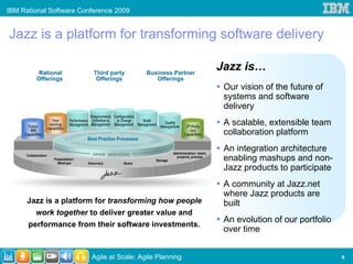IBM Rational Software Conference 2009


Jazz is a platform for transforming software delivery

                                                                                                                   Jazz is…


                                                          c
              Rational                           Third party               Business Partner
             Offerings                            Offerings                   Offerings
                                                                                                                    Our vision of the future of
                                                                                                                    systems and software
                                                                                                                    delivery
                                                 Requirements Configuration

       Future
                         Your
                        existing
                                     Performance Definition &   & Change    Build
                                     Management Management Management Management      Quality
                                                                                    Management    3rd-Party
                                                                                                                    A scalable, extensible team
                      capabilities
        IBM
     Capabilities
                                                                                                    Jazz
                                                                                                 Capabilities       collaboration platform
                                              Best Practice Processes

                                                                                          Administration: Users,
                                                                                                                    An integration architecture
      Collaboration
                           Presentation:
                             Mashups          Discovery         Query
                                                                                Storage
                                                                                            projects, process
                                                                                                                    enabling mashups and non-
                                                                                                                    Jazz products to participate
                                                                                                                    A community at Jazz.net
                                                                                                                    where Jazz products are
      Jazz is a platform for transforming how people                                                                built
            work together to deliver greater value and
                                                                                                                    An evolution of our portfolio
       performance from their software investments.
                                                                                                                    over time


                                                Agile at Scale: Agile Planning                                                                      6
 