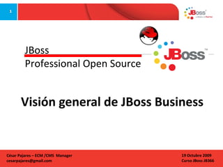 Visión general de JBoss Business  JBoss Professional Open Source 19 Octubre 2009 Curso JBoss JB366 César Pajares – ECM /CMS  Manager [email_address] 