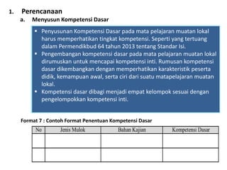 1. Perencanaan
a. Menyusun Kompetensi Dasar
 Penyusunan Kompetensi Dasar pada mata pelajaran muatan lokal
harus memperhatikan tingkat kompetensi. Seperti yang tertuang
dalam Permendikbud 64 tahun 2013 tentang Standar Isi.
 Pengembangan kompetensi dasar pada mata pelajaran muatan lokal
dirumuskan untuk mencapai kompetensi inti. Rumusan kompetensi
dasar dikembangkan dengan memperhatikan karakteristik peserta
didik, kemampuan awal, serta ciri dari suatu matapelajaran muatan
lokal.
 Kompetensi dasar dibagi menjadi empat kelompok sesuai dengan
pengelompokkan kompetensi inti.
Format 7 : Contoh Format Penentuan Kompetensi Dasar
 