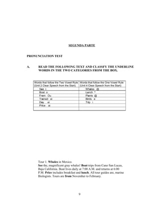 SEGUNDA PARTE


PRONUNCIATION TEST


A.      READ THE FOLLOWING TEXT AND CLASSFY THE UNDERLINE
        WORDS IN THE TWO CATEGORIES FROM THE BOX.


     Words that follow the Two Vowel Rule Words that follow the One Vowel Rule
     (Unit 2 Clear Speech from the Start) (Unit 4 Clear Speech from the Start)
         See i:                                Whales @
         Boat o:                               Lunch ^
         From Ou                               Plants @
         Trained ei                            Birds e
         Day ei                                Trip i
         Price ai




        Tour 1. Whales in Mexico.
        See the, magnificent gray whales! Boat trips from Cano San Lucas,
        Baja California. Boat lives daily at 7:00 A.M. and returns at 6:00
        P.M. Price includes breakfast and lunch. All tour guides are, marine
        Biologists. Tours are from November to February.




                                         9
 