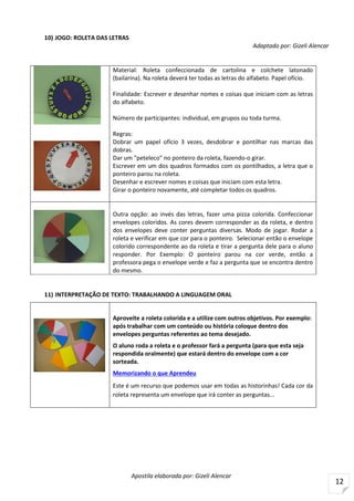 Apostila elaborada por: Gizeli Alencar
12
10) JOGO: ROLETA DAS LETRAS
Adaptado por: Gizeli Alencar
Material: Roleta confeccionada de cartolina e colchete latonado
(bailarina). Na roleta deverá ter todas as letras do alfabeto. Papel ofício.
Finalidade: Escrever e desenhar nomes e coisas que iniciam com as letras
do alfabeto.
Número de participantes: individual, em grupos ou toda turma.
Regras:
Dobrar um papel ofício 3 vezes, desdobrar e pontilhar nas marcas das
dobras.
Dar um "peteleco" no ponteiro da roleta, fazendo-o girar.
Escrever em um dos quadros formados com os pontilhados, a letra que o
ponteiro parou na roleta.
Desenhar e escrever nomes e coisas que iniciam com esta letra.
Girar o ponteiro novamente, até completar todos os quadros.
Outra opção: ao invés das letras, fazer uma pizza colorida. Confeccionar
envelopes coloridos. As cores devem corresponder as da roleta, e dentro
dos envelopes deve conter perguntas diversas. Modo de jogar. Rodar a
roleta e verificar em que cor para o ponteiro. Selecionar então o envelope
colorido correspondente ao da roleta e tirar a pergunta dele para o aluno
responder. Por Exemplo: O ponteiro parou na cor verde, então a
professora pega o envelope verde e faz a pergunta que se encontra dentro
do mesmo.
11) INTERPRETAÇÃO DE TEXTO: TRABALHANDO A LINGUAGEM ORAL
Aproveite a roleta colorida e a utilize com outros objetivos. Por exemplo:
após trabalhar com um conteúdo ou história coloque dentro dos
envelopes perguntas referentes ao tema desejado.
O aluno roda a roleta e o professor fará a pergunta (para que esta seja
respondida oralmente) que estará dentro do envelope com a cor
sorteada.
Memorizando o que Aprendeu
Este é um recurso que podemos usar em todas as historinhas! Cada cor da
roleta representa um envelope que irá conter as perguntas...
 