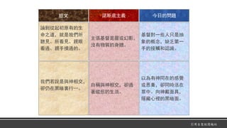 經文 諾斯底主義 今日的問題
論到從起初原有的生
命之道，就是我們所
聽見、所看見、親眼
看過、親手摸過的。
(1:1)
主張基督是靈或幻影，
沒有物質的身體。
基督對一些人只是抽
象的概念，缺乏第一
手的接觸和認識。
我們若說是與神相交，
卻仍在黑暗裏行…。
(1:6)
自稱與神相交，卻過
著縱慾的生活。
以為有神同在的感覺
或恩膏，卻同時活在
罪中。向神戴面具，
隱藏心裡的黑暗面。
引用自聖經簡報站
 