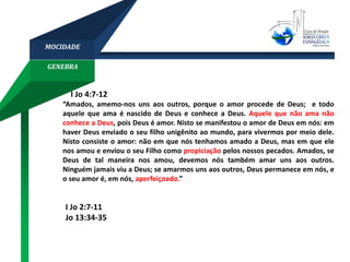 GENEBRA
MOCIDADE
I Jo 4:7-12
“Amados, amemo-nos uns aos outros, porque o amor procede de Deus; e todo
aquele que ama é nascido de Deus e conhece a Deus. Aquele que não ama não
conhece a Deus, pois Deus é amor. Nisto se manifestou o amor de Deus em nós: em
haver Deus enviado o seu filho unigênito ao mundo, para vivermos por meio dele.
Nisto consiste o amor: não em que nós tenhamos amado a Deus, mas em que ele
nos amou e enviou o seu Filho como propiciação pelos nossos pecados. Amados, se
Deus de tal maneira nos amou, devemos nós também amar uns aos outros.
Ninguém jamais viu a Deus; se amarmos uns aos outros, Deus permanece em nós, e
o seu amor é, em nós, aperfeiçoado.”
I Jo 2:7-11
Jo 13:34-35
 