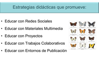 Educar con Redes Sociales Educar con Materiales Multimedia Educar con Proyectos  Educar con Trabajos Colaborativos Educar con Entornos de Publicación Estrategias didácticas que promueve : 