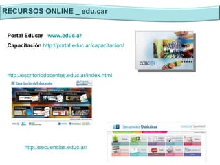 Portal Educar  www.educ.ar  Capacitación   http://portal.educ.ar/capacitacion /  RECURSOS ONLINE _ edu.car http://escritoriodocentes.educ.ar/index.html http://secuencias.educ.ar/ 