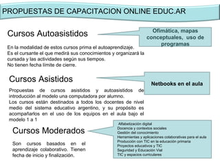 Cursos Autoasistidos PROPUESTAS DE CAPACITACION ONLINE EDUC.AR Ofimática, mapas conceptuales,  uso de programas Netbooks en el aula Alfabetización digital Docencia y contextos sociales Gestión del conocimiento Herramientas y aplicaciones colaborativas para el aula Producción con TIC en la educación primaria Proyectos educativos y TIC Seguridad y Educación Vial TIC y espacios curriculares En la modalidad de estos cursos prima el autoaprendizaje. Es el cursante el que medirá sus conocimientos y organizará la cursada y las actividades según sus tiempos. No tienen fecha límite de cierre. Cursos Asistidos Son cursos basados en el aprendizaje colaborativo. Tienen fecha de inicio y finalización. Cursos Moderados Propuestas de cursos asistidos y autoasistidos de introducción al modelo una computadora por alumno. Los cursos están destinados a todos los docentes de nivel medio del sistema educativo argentino, y su propósito es acompañarlos en el uso de los equipos en el aula bajo el modelo 1 a 1 