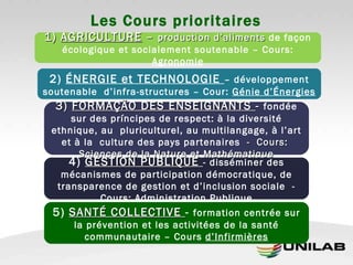 Les Cours prioritaires 1)  AGRICULTURE  –  production d’aliments  de façon écologique et socialement soutenable – Cours:  Agronomie 2)  ÉNERGIE et TECHNOLOGIE  – développement soutenable  d’infra-structures – Cour:  Génie d’Énergies 3)  FORMAÇÃO DES ENSEIGNANTS  -   fondée sur des príncipes de respect: à la diversité ethnique, au  pluriculturel, au multilangage, à l’art et à la  culture des pays partenaires  -  Cours:  Sciences de la Nature et Mathématique 4)  GESTION PUBLIQUE  -  disséminer des mécanismes de participation démocratique, de transparence de gestion et d’inclusion sociale   - Cours:  Administration Publique 5)  SANTÉ COLLECTIVE  -   formation centrée sur la prévention et les activitées de la santé communautaire  – Cours  d’Infirmières 