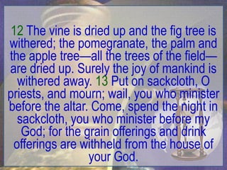 12 The vine is dried up and the fig tree is
withered; the pomegranate, the palm and
the apple tree—all the trees of the field—
are dried up. Surely the joy of mankind is
  withered away. 13 Put on sackcloth, O
priests, and mourn; wail, you who minister
before the altar. Come, spend the night in
  sackcloth, you who minister before my
   God; for the grain offerings and drink
 offerings are withheld from the house of
                 your God.
 