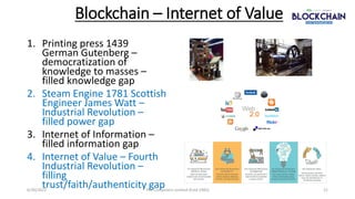Blockchain – Internet of Value
1. Printing press 1439
German Gutenberg –
democratization of
knowledge to masses –
filled k...