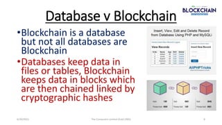 Database v Blockchain
•Blockchain is a database
but not all databases are
Blockchain
•Databases keep data in
files or tabl...