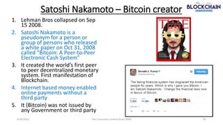 Satoshi Nakamoto – Bitcoin creator
1. Lehman Bros collapsed on Sep
15 2008.
2. Satoshi Nakamoto is a
pseudonym for a perso...