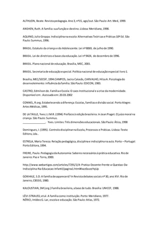 ALTHUON, Beate.Revistapedagogia.Ano3,nº15, ago/out.São Paulo:Art.Med, 1999.
ANSHEN,Ruth.A família:suafunçãoe destino.Lisboa:Meridiano,1998.
AQUINO,JulioGroppa.Indisciplinanaescola:AlternativasTeóricase Práticas10ª Ed. São
Paulo:Summus,1996.
BRASIL.Estatuto da criança e do Adolescente.Lei nº8069, de julhode 1990.
BRASIL.Lei de diretrizese basesdaeducação.Lei nº9424, de dezembrode 1996.
BRASIL.Planonacional de educação.Brasília,MEC, 2001.
BRASIL.Secretariade educaçãoespecial.Políticanacional de educaçãoespecial:livro1.
Brasília,MEC/SEESP, 1994.CAMPOS, Jacira Calasãs,CARVALHO,HilzaA.Psicologiado
desenvolvimento:influênciadafamília.SãoPaulo:EDICON,1983.
CASTRO,Edmilsonde.Famíliae Escola:O caos Institucional e acrise da modernidade.
Disponível em:.Acessadoem:20.03.2002
CONNEL,R.org.Estabelecendoadiferença:Escolas,famíliase divisãosocial.PortoAlegre:
ArtesMédicas,1995.
DE LA TAILLE, YvesJ.J.M.R.(1994) Prefácioà ediçãobrasileira.InJeanPiaget.Ojuízomoral na
criança. São Paulo:Summus.
________________. Yves.Limites:Trêsdimensõeseducacionais.SãoPaulo:Ática,1998
Domingues,I.(1995). ControlodisciplinarnaEscola,Processos e Práticas.Lisboa:Texto
Editora,Lda..
ESTRELA, Maria Tereza.Relaçãopedagógica,disciplinae indisciplinanaaula.Porto – Portugal:
PortoEditora,1994.
FREIRE, Paulo.PedagogiadaAutonomia:Saberesnecessáriosàpráticaeducativa.Riode
Janeiro:Paze Terra,2000.
http://www.webartigos.com/articles/7291/1/A-Pratica-Docente-Frente-a-Questao-Da-
Indisciplina-Na-Educacao-Infantil/pagina1.html#ixzz0uvzcYqUp
GOKHALE, S.D.A famíliadesaparecerá?InRevistadebatessociaisnº30, ano XVI.Riode
Janeiro,CBSSIS,1980.
KALOUSTIAN,SM(org.) Famíliabrasileira,abase de tudo.Brasília:UNICEF, 1988.
LÉVI-STRAUSS;etal.A famíliacomo instituição.Porto:Meridiano,1977.
NÉRICI,ImídeoG. Lar, escolae educação.SãoPaulo:Atlas,1972.
 