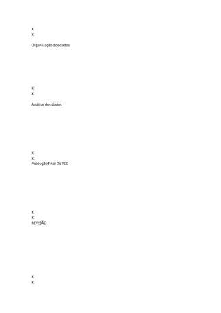 X
X
Organizaçãodosdados
X
X
Análise dosdados
X
X
Produçãofinal DoTCC
X
X
REVISÃO
X
X
 