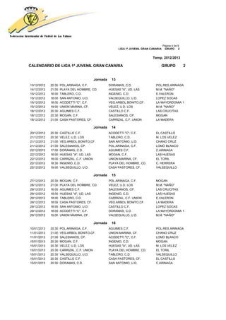 Página 4 de 9
                                                       LIGA 1ª JUVENIL GRAN CANARIA    GRUPO 2


                                                                             Temp. 2012/2013

CALENDARIO DE LIGA 1ª JUVENIL GRAN CANARIA                                        GRUPO               2


                                       Jornada    13
13/12/2012   20:30   POL.ARINAGA, C.F.           DORAMAS, C.D.                 POL.RES.ARINAGA
14/12/2012   21:00   PLAYA DEL HOMBRE, CD.       HUESAS "A", UD. LAS           M.M. "NAÑO"
15/12/2012   18:00   TABLERO, C.D.               INGENIO, C.D.                 E.VALERON
15/12/2012   18:00   SAN ANTONIO, U.D.           VALSEQUILLO, U.D.             LOPEZ SOCAS
15/12/2012   18:00   ACODETTI "C", C.F.          VEG.ARBOL BONITO,CF.          LA MAYORDOMIA 1
15/12/2012   19:00   UNION MARINA, CF.           VELEZ, U.D. LOS               M.M. "NAÑO"
18/12/2012   20:30   AGUIMES C.F.                CASTILLO C.F.                 LAS CRUCITAS
18/12/2012   20:30   MOGAN, C.F.                 SALESIANOS, CP.               MOGAN
18/12/2012   21:00   CASA PASTORES, CF.          CARRIZAL, C.F. UNION          LA MADERA

                                       Jornada    14
20/12/2012   20:30   CASTILLO C.F.               ACODETTI "C", C.F.            EL CASTILLO
21/12/2012   20:30   VELEZ, U.D. LOS             TABLERO, C.D.                 M. LOS VELEZ
21/12/2012   21:00   VEG.ARBOL BONITO,CF.        SAN ANTONIO, U.D.             CHANO CRUZ
21/12/2012   21:00   SALESIANOS, CP.             POL.ARINAGA, C.F.             LOMO BLANCO
22/12/2012   17:00   DORAMAS, C.D.               AGUIMES C.F.                  C.ARINAGA
22/12/2012   18:00   HUESAS "A", UD. LAS         MOGAN, C.F.                   LAS HUESAS
22/12/2012   18:00   CARRIZAL, C.F. UNION        UNION MARINA, CF.             EL TORIL
22/12/2012   18:30   INGENIO, C.D.               PLAYA DEL HOMBRE, CD.         C. HERRERA
22/12/2012   19:00   VALSEQUILLO, U.D.           CASA PASTORES, CF.            VALSEQUILLO

                                       Jornada    15
27/12/2012   20:30   MOGAN, C.F.                 POL.ARINAGA, C.F.             MOGAN
28/12/2012   21:00   PLAYA DEL HOMBRE, CD.       VELEZ, U.D. LOS               M.M. "NAÑO"
29/12/2012   16:00   AGUIMES C.F.                SALESIANOS, CP.               LAS CRUCITAS
29/12/2012   18:00   HUESAS "A", UD. LAS         INGENIO, C.D.                 LAS HUESAS
29/12/2012   18:00   TABLERO, C.D.               CARRIZAL, C.F. UNION          E.VALERON
29/12/2012   18:00   CASA PASTORES, CF.          VEG.ARBOL BONITO,CF.          LA MADERA
29/12/2012   18:00   SAN ANTONIO, U.D.           CASTILLO C.F.                 LOPEZ SOCAS
29/12/2012   18:00   ACODETTI "C", C.F.          DORAMAS, C.D.                 LA MAYORDOMIA 1
29/12/2012   19:00   UNION MARINA, CF.           VALSEQUILLO, U.D.             M.M. "NAÑO"

                                       Jornada    16
10/01/2013   20:30   POL.ARINAGA, C.F.           AGUIMES C.F.                  POL.RES.ARINAGA
11/01/2013   21:00   VEG.ARBOL BONITO,CF.        UNION MARINA, CF.             CHANO CRUZ
11/01/2013   21:00   SALESIANOS, CP.             ACODETTI "C", C.F.            LOMO BLANCO
15/01/2013   20:30   MOGAN, C.F.                 INGENIO, C.D.                 MOGAN
15/01/2013   20:30   VELEZ, U.D. LOS             HUESAS "A", UD. LAS           M. LOS VELEZ
15/01/2013   20:30   CARRIZAL, C.F. UNION        PLAYA DEL HOMBRE, CD.         EL TORIL
15/01/2013   20:30   VALSEQUILLO, U.D.           TABLERO, C.D.                 VALSEQUILLO
15/01/2013   20:30   CASTILLO C.F.               CASA PASTORES, CF.            EL CASTILLO
15/01/2013   20:30   DORAMAS, C.D.               SAN ANTONIO, U.D.             C.ARINAGA
 