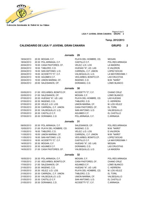 Página 8 de 9
                                                          LIGA 1ª JUVENIL GRAN CANARIA    GRUPO 2


                                                                                Temp. 2012/2013

CALENDARIO DE LIGA 1ª JUVENIL GRAN CANARIA                                           GRUPO               2


                                          Jornada    29
18/04/2013   20:30   MOGAN, C.F.                    PLAYA DEL HOMBRE, CD.         MOGAN
18/04/2013   20:30   POL.ARINAGA, C.F.              CASTILLO C.F.                 POL.RES.ARINAGA
20/04/2013   16:00   CASA PASTORES, CF.             VELEZ, U.D. LOS               LA MADERA
20/04/2013   18:00   TABLERO, C.D.                  HUESAS "A", UD. LAS           E.VALERON
20/04/2013   18:00   SAN ANTONIO, U.D.              CARRIZAL, C.F. UNION          LOPEZ SOCAS
20/04/2013   18:00   ACODETTI "C", C.F.             VALSEQUILLO, U.D.             LA MAYORDOMIA 1
20/04/2013   18:00   AGUIMES C.F.                   VEG.ARBOL BONITO,CF.          LAS CRUCITAS
20/04/2013   19:00   UNION MARINA, CF.              INGENIO, C.D.                 M.M. "NAÑO"
20/04/2013   20:00   SALESIANOS, CP.                DORAMAS, C.D.                 LOMO BLANCO

                                          Jornada    30
03/05/2013   21:00   VEG.ARBOL BONITO,CF.           ACODETTI "C", C.F.            CHANO CRUZ
03/05/2013   21:00   SALESIANOS, CP.                MOGAN, C.F.                   LOMO BLANCO
07/05/2013   20:30   HUESAS "A", UD. LAS            PLAYA DEL HOMBRE, CD.         LAS HUESAS
07/05/2013   20:30   INGENIO, C.D.                  TABLERO, C.D.                 C. HERRERA
07/05/2013   20:30   VELEZ, U.D. LOS                UNION MARINA, CF.             M. LOS VELEZ
07/05/2013   20:30   CARRIZAL, C.F. UNION           CASA PASTORES, CF.            EL TORIL
07/05/2013   20:30   VALSEQUILLO, U.D.              SAN ANTONIO, U.D.             VALSEQUILLO
07/05/2013   20:30   CASTILLO C.F.                  AGUIMES C.F.                  EL CASTILLO
07/05/2013   20:30   DORAMAS, C.D.                  POL.ARINAGA, C.F.             C.ARINAGA

                                          Jornada    31
09/05/2013   20:30   POL.ARINAGA, C.F.              SALESIANOS, CP.               POL.RES.ARINAGA
10/05/2013   21:00   PLAYA DEL HOMBRE, CD.          INGENIO, C.D.                 M.M. "NAÑO"
11/05/2013   18:00   TABLERO, C.D.                  VELEZ, U.D. LOS               E.VALERON
11/05/2013   18:00   UNION MARINA, CF.              CARRIZAL, C.F. UNION          M.M. "NAÑO"
11/05/2013   18:00   SAN ANTONIO, U.D.              VEG.ARBOL BONITO,CF.          LOPEZ SOCAS
11/05/2013   18:00   ACODETTI "C", C.F.             CASTILLO C.F.                 LA MAYORDOMIA 1
14/05/2013   20:30   MOGAN, C.F.                    HUESAS "A", UD. LAS           MOGAN
14/05/2013   20:30   AGUIMES C.F.                   DORAMAS, C.D.                 LAS CRUCITAS
14/05/2013   21:00   CASA PASTORES, CF.             VALSEQUILLO, U.D.             LA MADERA

                                          Jornada    32
16/05/2013   20:30   POL.ARINAGA, C.F.              MOGAN, C.F.                   POL.RES.ARINAGA
17/05/2013   21:00   VEG.ARBOL BONITO,CF.           CASA PASTORES, CF.            CHANO CRUZ
17/05/2013   21:00   SALESIANOS, CP.                AGUIMES C.F.                  LOMO BLANCO
21/05/2013   20:30   INGENIO, C.D.                  HUESAS "A", UD. LAS           C. HERRERA
21/05/2013   20:30   VELEZ, U.D. LOS                PLAYA DEL HOMBRE, CD.         M. LOS VELEZ
21/05/2013   20:30   CARRIZAL, C.F. UNION           TABLERO, C.D.                 EL TORIL
21/05/2013   20:30   VALSEQUILLO, U.D.              UNION MARINA, CF.             VALSEQUILLO
21/05/2013   20:30   CASTILLO C.F.                  SAN ANTONIO, U.D.             EL CASTILLO
21/05/2013   20:30   DORAMAS, C.D.                  ACODETTI "C", C.F.            C.ARINAGA
 