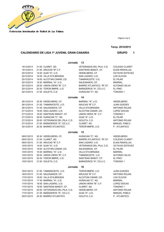 Página 4 de 9
Temp. 2014/2015
CALENDARIO DE LIGA 1ª JUVENIL GRAN CANARIA GRUPO 1
Jornada 13
19/12/2014 21:00 CLARET, AD. VETERANOS DEL PILA, C.D. COLEGIO CLARET
19/12/2014 21:00 ARUCAS "B" C.F. SANTIDAD BANOT, CF. ELIAS RISKALLAL
20/12/2014 14:00 GUIA "A", U.D. HEIDELBERG, CF. OCTAVIO ESTEVEZ
20/12/2014 16:00 VILLA STA.BRIGIDA SAN LAZARO, U.D. LOS OLIVOS
20/12/2014 18:00 ALCOTAN CANAR.,CD. TAMARACEITE, U.D. EL PILAR
20/12/2014 19:30 BARRIAL "A", U.D. SALESIANOS, CP. BARRIAL
20/12/2014 20:00 UNION VIERA "B", C.F. BARRIO ATLANTICO. "B",CF. ALFONSO SILVA
20/12/2014 20:30 TEROR BMPIE, U.D. BAÑADEROS "A", CD.U.C. EL PINO
20/12/2014 21:00 GOLETA, C.D. HURACAN "C", AD. TONONO 1
Jornada 14
26/12/2014 20:30 HEIDELBERG, CF. BARRIAL "A", U.D. HEIDELBERG
26/12/2014 21:00 TAMARACEITE, U.D. ARUCAS "B" C.F. JUAN GUEDES
26/12/2014 21:00 SALESIANOS, CP. VILLA STA.BRIGIDA ANTONIO ROJAS
27/12/2014 18:00 SAN LAZARO, U.D. ALCOTAN CANAR.,CD. LOPEZ SOCAS
27/12/2014 19:00 SANTIDAD BANOT, CF. UNION VIERA "B", C.F. TONONO 1
27/12/2014 20:00 HURACAN "C", AD. GUIA "A", U.D. EL PILAR
27/12/2014 20:00 VETERANOS DEL PILA, C.D. GOLETA, C.D. ANTONIO ROJAS
27/12/2014 21:00 BAÑADEROS "A", CD.U.C. CLARET, AD. MANUEL PABLO
30/12/2014 20:30 BARRIO ATLANTICO. TEROR BMPIE, U.D. P. ATLANTICO
Jornada 15
09/01/2015 20:30 HEIDELBERG, CF. HURACAN "C", AD. HEIDELBERG
09/01/2015 21:00 CLARET, AD. BARRIO ATLANTICO. "B",CF. COLEGIO CLARET
09/01/2015 21:00 ARUCAS "B" C.F. SAN LAZARO, U.D. ELIAS RISKALLAL
10/01/2015 14:00 GUIA "A", U.D. VETERANOS DEL PILA, C.D. OCTAVIO ESTEVEZ
10/01/2015 18:00 ALCOTAN CANAR.,CD. SALESIANOS, CP. EL PILAR
10/01/2015 19:30 BARRIAL "A", U.D. VILLA STA.BRIGIDA BARRIAL
10/01/2015 20:00 UNION VIERA "B", C.F. TAMARACEITE, U.D. ALFONSO SILVA
10/01/2015 20:30 TEROR BMPIE, U.D. SANTIDAD BANOT, CF. EL PINO
10/01/2015 21:00 GOLETA, C.D. BAÑADEROS "A", CD.U.C. TONONO 1
Jornada 16
16/01/2015 21:00 TAMARACEITE, U.D. TEROR BMPIE, U.D. JUAN GUEDES
16/01/2015 21:00 SALESIANOS, CP. ARUCAS "B" C.F. ANTONIO ROJAS
17/01/2015 16:00 VILLA STA.BRIGIDA ALCOTAN CANAR.,CD. LOS OLIVOS
17/01/2015 17:30 BARRIAL "A", U.D. HURACAN "C", AD. BARRIAL
17/01/2015 18:00 SAN LAZARO, U.D. UNION VIERA "B", C.F. LOPEZ SOCAS
17/01/2015 19:00 SANTIDAD BANOT, CF. CLARET, AD. TONONO 1
17/01/2015 20:00 VETERANOS DEL PILA, C.D. HEIDELBERG, CF. ANTONIO ROJAS
17/01/2015 21:00 BAÑADEROS "A", CD.U.C. GUIA "A", U.D. MANUEL PABLO
20/01/2015 20:30 BARRIO ATLANTICO. GOLETA, C.D. P. ATLANTICO
 
