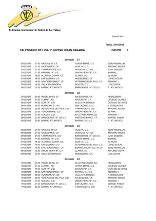 Página 6 de 9
Temp. 2014/2015
CALENDARIO DE LIGA 1ª JUVENIL GRAN CANARIA GRUPO 1
Jornada 21
20/02/2015 21:00 ARUCAS "B" C.F. TEROR BMPIE, U.D. ELIAS RISKALLAL
20/02/2015 21:00 SALESIANOS, CP. GUIA "A", U.D. ANTONIO ROJAS
20/02/2015 21:00 TAMARACEITE, U.D. HURACAN "C", AD. JUAN GUEDES
21/02/2015 17:30 BARRIAL "A", U.D. UNION VIERA "B", C.F. BARRIAL
21/02/2015 18:00 ALCOTAN CANAR.,CD. CLARET, AD. EL PILAR
21/02/2015 18:00 SAN LAZARO, U.D. HEIDELBERG, CF. LOPEZ SOCAS
21/02/2015 19:00 SANTIDAD BANOT, CF. VETERANOS DEL PILA, C.D. TONONO 1
22/02/2015 12:00 VILLA STA.BRIGIDA GOLETA, C.D. LOS OLIVOS
24/02/2015 20:30 BARRIO ATLANTICO. BAÑADEROS "A", CD.U.C. P. ATLANTICO
Jornada 22
27/02/2015 20:30 HEIDELBERG, CF. SALESIANOS, CP. HEIDELBERG
27/02/2015 21:00 CLARET, AD. ARUCAS "B" C.F. COLEGIO CLARET
28/02/2015 14:00 GUIA "A", U.D. VILLA STA.BRIGIDA OCTAVIO ESTEVEZ
28/02/2015 20:00 HURACAN "C", AD. SAN LAZARO, U.D. P. GONÇALVEZ
28/02/2015 20:00 VETERANOS DEL PILA, C.D. TAMARACEITE, U.D. ANTONIO ROJAS
28/02/2015 20:30 TEROR BMPIE, U.D. UNION VIERA "B", C.F. EL PINO
28/02/2015 21:00 GOLETA, C.D. ALCOTAN CANAR.,CD. TONONO 1
28/02/2015 21:00 BAÑADEROS "A", CD.U.C. SANTIDAD BANOT, CF. MANUEL PABLO
03/03/2015 20:30 BARRIO ATLANTICO. BARRIAL "A", U.D. P. ATLANTICO
Jornada 23
06/03/2015 21:00 ARUCAS "B" C.F. GOLETA, C.D. ELIAS RISKALLAL
06/03/2015 21:00 SALESIANOS, CP. HURACAN "C", AD. ANTONIO ROJAS
06/03/2015 21:00 TAMARACEITE, U.D. BAÑADEROS "A", CD.U.C. JUAN GUEDES
07/03/2015 17:30 BARRIAL "A", U.D. TEROR BMPIE, U.D. BARRIAL
07/03/2015 18:00 ALCOTAN CANAR.,CD. GUIA "A", U.D. EL PILAR
07/03/2015 18:00 SAN LAZARO, U.D. VETERANOS DEL PILA, C.D. LOPEZ SOCAS
07/03/2015 19:00 SANTIDAD BANOT, CF. BARRIO ATLANTICO. "B",CF. ELIAS RISKALLAL
08/03/2015 12:00 UNION VIERA "B", C.F. CLARET, AD. ALFONSO SILVA
08/03/2015 12:00 VILLA STA.BRIGIDA HEIDELBERG, CF. LOS OLIVOS
Jornada 24
13/03/2015 20:30 HEIDELBERG, CF. ALCOTAN CANAR.,CD. HEIDELBERG
13/03/2015 21:00 CLARET, AD. TEROR BMPIE, U.D. COLEGIO CLARET
14/03/2015 14:00 GUIA "A", U.D. ARUCAS "B" C.F. OCTAVIO ESTEVEZ
14/03/2015 19:00 SANTIDAD BANOT, CF. BARRIAL "A", U.D. TONONO 1
14/03/2015 20:00 HURACAN "C", AD. VILLA STA.BRIGIDA P. GONÇALVEZ
14/03/2015 20:00 VETERANOS DEL PILA, C.D. SALESIANOS, CP. ANTONIO ROJAS
14/03/2015 21:00 GOLETA, C.D. UNION VIERA "B", C.F. TONONO 1
14/03/2015 21:00 BAÑADEROS "A", CD.U.C. SAN LAZARO, U.D. MANUEL PABLO
17/03/2015 20:30 BARRIO ATLANTICO. TAMARACEITE, U.D. P. ATLANTICO
 