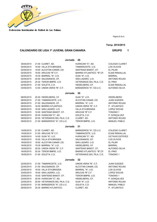 Página 8 de 9
Temp. 2014/2015
CALENDARIO DE LIGA 1ª JUVENIL GRAN CANARIA GRUPO 1
Jornada 29
30/04/2015 21:00 CLARET, AD. HURACAN "C", AD. COLEGIO CLARET
02/05/2015 16:00 VILLA STA.BRIGIDA TAMARACEITE, U.D. LOS OLIVOS
02/05/2015 18:00 ALCOTAN CANAR.,CD. SANTIDAD BANOT, CF. EL PILAR
02/05/2015 19:00 ARUCAS "B" C.F. BARRIO ATLANTICO. "B",CF. ELIAS RISKALLAL
02/05/2015 19:30 BARRIAL "A", U.D. GUIA "A", U.D. BARRIAL
02/05/2015 20:00 SALESIANOS, CP. SAN LAZARO, U.D. ANTONIO ROJAS
02/05/2015 20:30 TEROR BMPIE, U.D. VETERANOS DEL PILA, C.D. EL PINO
02/05/2015 21:00 GOLETA, C.D. HEIDELBERG, CF. ELIAS RISKALLAL
03/05/2015 12:00 UNION VIERA "B", C.F. BAÑADEROS "A", CD.U.C. ALFONSO SILVA
Jornada 30
08/05/2015 20:30 HEIDELBERG, CF. GUIA "A", U.D. HEIDELBERG
08/05/2015 21:00 TAMARACEITE, U.D. ALCOTAN CANAR.,CD. JUAN GUEDES
08/05/2015 21:00 SALESIANOS, CP. BARRIAL "A", U.D. ANTONIO ROJAS
09/05/2015 16:00 BARRIO ATLANTICO. UNION VIERA "B", C.F. P. ATLANTICO
09/05/2015 18:00 SAN LAZARO, U.D. VILLA STA.BRIGIDA LOPEZ SOCAS
09/05/2015 19:00 SANTIDAD BANOT, CF. ARUCAS "B" C.F. TONONO 1
09/05/2015 20:00 HURACAN "C", AD. GOLETA, C.D. P. GONÇALVEZ
09/05/2015 20:00 VETERANOS DEL PILA, C.D. CLARET, AD. ANTONIO ROJAS
09/05/2015 21:00 BAÑADEROS "A", CD.U.C. TEROR BMPIE, U.D. MANUEL PABLO
Jornada 31
15/05/2015 21:00 CLARET, AD. BAÑADEROS "A", CD.U.C. COLEGIO CLARET
15/05/2015 21:00 ARUCAS "B" C.F. TAMARACEITE, U.D. ELIAS RISKALLAL
16/05/2015 14:00 GUIA "A", U.D. HURACAN "C", AD. OCTAVIO ESTEVEZ
16/05/2015 16:00 VILLA STA.BRIGIDA SALESIANOS, CP. LOS OLIVOS
16/05/2015 18:00 ALCOTAN CANAR.,CD. SAN LAZARO, U.D. EL PILAR
16/05/2015 19:30 BARRIAL "A", U.D. HEIDELBERG, CF. BARRIAL
16/05/2015 20:00 UNION VIERA "B", C.F. SANTIDAD BANOT, CF. ALFONSO SILVA
16/05/2015 20:30 TEROR BMPIE, U.D. BARRIO ATLANTICO. "B",CF. EL PINO
16/05/2015 21:00 GOLETA, C.D. VETERANOS DEL PILA, C.D. TONONO 1
Jornada 32
22/05/2015 21:00 TAMARACEITE, U.D. UNION VIERA "B", C.F. JUAN GUEDES
22/05/2015 21:00 SALESIANOS, CP. ALCOTAN CANAR.,CD. ANTONIO ROJAS
23/05/2015 16:00 VILLA STA.BRIGIDA BARRIAL "A", U.D. LOS OLIVOS
23/05/2015 18:00 SAN LAZARO, U.D. ARUCAS "B" C.F. LOPEZ SOCAS
23/05/2015 19:00 SANTIDAD BANOT, CF. TEROR BMPIE, U.D. TONONO 1
23/05/2015 20:00 HURACAN "C", AD. HEIDELBERG, CF. P. GONÇALVEZ
23/05/2015 20:00 VETERANOS DEL PILA, C.D. GUIA "A", U.D. ANTONIO ROJAS
23/05/2015 21:00 BAÑADEROS "A", CD.U.C. GOLETA, C.D. MANUEL PABLO
26/05/2015 20:30 BARRIO ATLANTICO. CLARET, AD. P. ATLANTICO
 