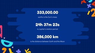earths is the Sun’s mass
333,000.00
is Jupiter’s rotation period
24h 37m 23s
is the distance between Earth and the Moon
38...