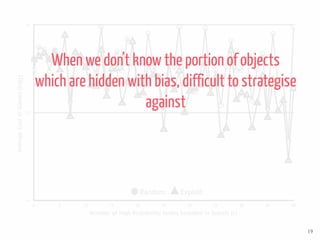 19
14
15
16
0 5 10 15 20 25 30 35 40 45 50
AverageCostofGames(log2)
Number of High Probability Nodes Included in Search (r)
Random Exploit
When we don’t know the portion of objects
which are hidden with bias, difficult to strategise
against
 