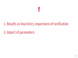 1. Results as heuristics; importance of verification
20
2. Impact of parameters
 