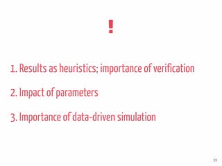 1. Results as heuristics; importance of verification
20
2. Impact of parameters
3. Importance of data-driven simulation
 