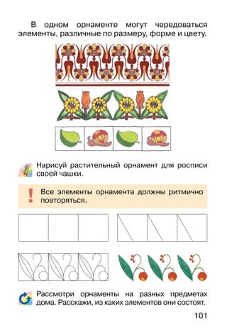 101
В одном орнаменте могут чередоваться
элементы, различные по размеру, форме и цвету.
Нарисуй растительный орнамент для росписи
своей чашки.
Рассмотри орнаменты на разных предметах
дома. Расскажи, из каких элементов они состоят.
Все элементы орнамента должны ритмично
повторяться.
 