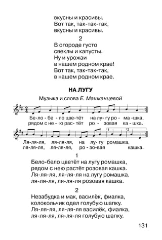 131
НА ЛУГУ
Музыка и слова Е. Машканцевой
1
Бело-бело цветёт на лугу ромашка,
рядом с нею растёт розовая кашка.
Ля-ля-ля, ля-ля-ля на лугу ромашка,
ля-ля-ля, ля-ля-ля розовая кашка.
2
Незабудка и мак, василёк, фиалка,
колокольчик одел голубую шапку.
Ля-ля-ля, ля-ля-ля василёк, фиалка,
ля-ля-ля, ля-ля-ля голубую шапку.
вкусны и красивы.
Вот так, так-так-так,
вкусны и красивы.
2
В огороде густо
свеклы и капусты.
Ну и урожаи
в нашем родном крае!
Вот так, так-так-так,
в нашем родном крае.
 