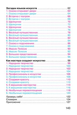 143
Загадки языков искусств . . . . . . . . . . . . . . . . . . . . . . . 62
1. Сказка открывает двери . . . . . . . . . . . . . . . . . . . . . . . . 62
1. Сказка открывает двери . . . . . . . . . . . . . . . . . . . . . . . . 64
2. Встреча с театром . . . . . . . . . . . . . . . . . . . . . . . . . . . . . 66
2. Встреча с театром . . . . . . . . . . . . . . . . . . . . . . . . . . . . . 68
3. Щелкунчик . . . . . . . . . . . . . . . . . . . . . . . . . . . . . . . . . . . 70
3. Щелкунчик . . . . . . . . . . . . . . . . . . . . . . . . . . . . . . . . . . . 72
4. Щелкунчик . . . . . . . . . . . . . . . . . . . . . . . . . . . . . . . . . . . 74
4. Щелкунчик . . . . . . . . . . . . . . . . . . . . . . . . . . . . . . . . . . . 76
5. Весёлый путешественник. . . . . . . . . . . . . . . . . . . . . . . 78
5. Весёлый путешественник. . . . . . . . . . . . . . . . . . . . . . . 80
6. Весёлый путешественник. . . . . . . . . . . . . . . . . . . . . . . 82
6. Весёлый путешественник. . . . . . . . . . . . . . . . . . . . . . . 84
7. Сказка о подснежнике. . . . . . . . . . . . . . . . . . . . . . . . . . 86
7. Сказка о подснежнике. . . . . . . . . . . . . . . . . . . . . . . . . . 88
8. Ивасик-Телесик . . . . . . . . . . . . . . . . . . . . . . . . . . . . . . . 90
8. Ивасик-Телесик . . . . . . . . . . . . . . . . . . . . . . . . . . . . . . . 92
9. Большое представление. . . . . . . . . . . . . . . . . . . . . . . . 94
9. Большое представление. . . . . . . . . . . . . . . . . . . . . . . . 96
Как мастера создают искусство . . . . . . . . . . . . . . . . . 98
1. Народное творчество . . . . . . . . . . . . . . . . . . . . . . . . . . 98
1. Народное творчество . . . . . . . . . . . . . . . . . . . . . . . . . 100
2. Народное творчество . . . . . . . . . . . . . . . . . . . . . . . . . 102
2. Народное творчество . . . . . . . . . . . . . . . . . . . . . . . . . 104
3. Профессионалы в искусстве . . . . . . . . . . . . . . . . . . . 106
3. Профессионалы в искусстве . . . . . . . . . . . . . . . . . . . 108
4. Создавая красоту. . . . . . . . . . . . . . . . . . . . . . . . . . . . . 110
4. Создавая красоту. . . . . . . . . . . . . . . . . . . . . . . . . . . . . 112
5. К вершинам мастерства . . . . . . . . . . . . . . . . . . . . . . . 114
5. К вершинам мастерства . . . . . . . . . . . . . . . . . . . . . . . 116
6. Необычные перевоплощения . . . . . . . . . . . . . . . . . . 118
6. Необычные перевоплощения . . . . . . . . . . . . . . . . . . 120
Проверь себя!. . . . . . . . . . . . . . . . . . . . . . . . . . . . . . . . . . 122
Словарик . . . . . . . . . . . . . . . . . . . . . . . . . . . . . . . . . . . . . . 124
Приложение . . . . . . . . . . . . . . . . . . . . . . . . . . . . . . . . . . . 127
 