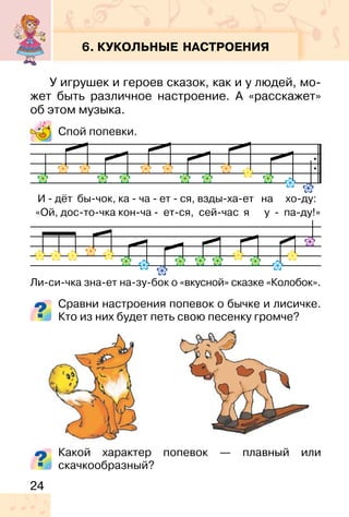 24
6. КУКОЛЬНЫЕ НАСТРОЕНИЯ
У игрушек и героев сказок, как и у людей, мо-
жет быть различное настроение. А «расскажет»
об этом музыка.
Спой попевки.
Сравни настроения попевок о бычке и лисичке.
Кто из них будет петь свою песенку громче?
Какой характер попевок — плавный или
скачкообразный?
И - дёт бы-чок, ка - ча - ет - ся, взды-ха-ет на хо-ду:
«Ой, дос-то-чка кон-ча - ет-ся, сей-час я у - па-ду!»
Ли-си-чка зна-ет на-зу-бок о «вкусной» сказке «Колобок».
 
