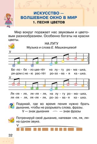 32
1. ПЕСНЯ ЦВЕТОВ
Мир вокруг поражает нас звуковым и цвето-
вым разнообразием. Особенно богаты на краски
цветы.
НА ЛУГУ
Музыка и слова Е. Машканцевой
Подумай, где во время пения нужно брать
дыхание, чтобы не разрывать слова, фразы.
V — знак дыхания — знак фразы
Потренируй своё дыхание, напевая «ля, ля, ля»
на одном звуке.
V
V
Бе -ло - бе - ло цве-тёт на лу - гу ро - ма - шка,
ря-дом с не - ю рас-тёт ро-зо - ва - я ка - шка.
Ля -ля - ля, ля -ля - ля, на лу - гу ро - ма - шка,
ля -ля - ля, ля -ля - ля, ро- зо - ва - я ка - шка.
ИСКУССТВО —
ВОЛШЕБНОЕ ОКНО В МИР
V
 
