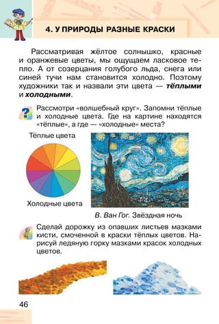 46
4. У ПРИРОДЫ РАЗНЫЕ КРАСКИ
Рассматривая жёлтое солнышко, красные
и оранжевые цветы, мы ощущаем ласковое те-
пло. А от созерцания голубого льда, снега или
синей тучи нам становится холодно. Поэтому
художники так и назвали эти цвета — тёплыми
и холодными.
Рассмотри «волшебный круг». Запомни тёплые
и холодные цвета. Где на картине находятся
«тёплые», а где — «холодные» места?
Сделай дорожку из опавших листьев мазками
кисти, смоченной в краски тёплых цветов. На-
рисуй ледяную горку мазками красок холодных
цветов.
В. Ван Гог. Звёздная ночь
Тёплые цвета
Холодные цвета
 