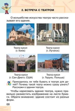 68
2. ВСТРЕЧА С ТЕАТРОМ
О волшебстве искусства театра часто расска-
зывает его здание.
Приходилось ли тебе бывать в театре для де-
тей? Почему такой театр можно сразу узнать?
Расскажи о здании театра.
Чтобы нарисовать здание театра, нужно пра-
вильно разместить изображение на листе бума-
ги. Обрати внимание: здание состоит из разных
форм.
Театр кукол
(г. Киев)
Театр кукол
(г. Сан-Диего. США)
Театр кукол
(г. Луганск)
Театр кукол
(г. Торунь. Польша)
 