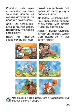 83
Что общего и отличительного в художественных
языках балета и оперы?
Колобок: «Из муки
я испечён, на сме-
тане был мешён, на
окошке остудился, по
дорожке покатился».
Заяц: «Я бегаю бы-
стро и прыгаю ловко.
Всё потому, что люблю
я морковку!»
Волк: «Я хищный
зверь голодный, сер-
дитый я и злобный. Всё
время по лесу рыщу и
добычу я ищу».
Медведь: «Я хозяин лес-
ной, просыпаюсь весной,
очень-очень мёд люблю
и малину с веток рву».
Лиса: «Я рыжая плутовка,
хитрая да ловкая. Хвост
мой пушистый и мех
золотистый».
 