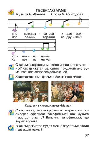 87
ПЕСЕНКА О МАМЕ
Музыка Л. Абелян Слова В. Викторова
С каким настроением нужно исполнять эту пес-
ню? Как движется мелодия? Придумай инстру-
ментальное сопровождение к ней.
Художественный фильм «Мама» (фрагмент).
С какими видами искусства ты встретился, по-
смотрев фрагмент кинофильма? Как музыка
помогает в кино? Вспомни кинофильмы, где
звучит музыка.
В каком регистре будет лучше звучать мелодия
пьесы для мамы?
Кто всех кра - си -вей и доб - рей?
Кто са-мый вер-ный из дру - зей?
Ко - неч - но, ма-ма.
Ко - неч - но, ма-ма.
Кадры из кинофильма «Мама»
 