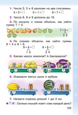 105
1. Числа 3, 5 и 8 разложи на два слагаемых.
3 = 2 + 5 = 1 + 8 = 7 +
2. Числа 6, 8 и 9 дополни до 10.
3. По рисунку и схеме объясни, как найти
сумму 7 + 5.
4. По схемам объясни, как найти суммы
9 + 4 и 8 + 6.
9 + 4 = 8 + 6 =
1 3 2 4
5. Какова масса лимонов? А баклажанов?
2 2
? ?3 кг 4 кг
6. Определи массы дыни и арбуза.
5 552
7. Начерти отрезок длиной 1 дм 3 см.
8*. Сколько мышей ловит сова каждый день?
7 + 5 =
3 2
? ?
1
 