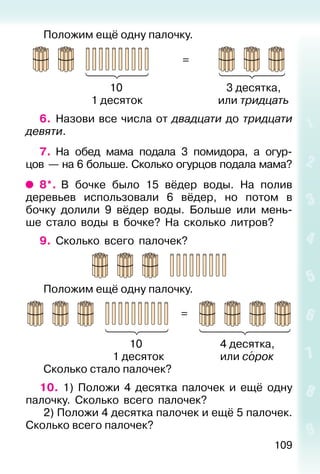 109
Положим ещё одну палочку.
=
10 3 десятка,
1 десяток или тридцать
6. Назови все числа от двадцати до тридцати
девяти.
7. На обед мама подала 3 помидора, а огур-
цов — на 6 больше. Сколько огурцов подала мама?
8*. В бочке было 15 вёдер воды. На полив
деревьев использовали 6 вёдер, но потом в
бочку долили 9 вёдер воды. Больше или мень-
ше стало воды в бочке? На сколько литров?
9. Сколько всего палочек?
Положим ещё одну палочку.
10 4 десятка,
1 десяток или сорок
Сколько стало палочек?
10. 1) Положи 4 десятка палочек и ещё одну
палочку. Сколько всего палочек?
2) Положи 4 десятка палочек и ещё 5 палочек.
Сколько всего палочек?
 