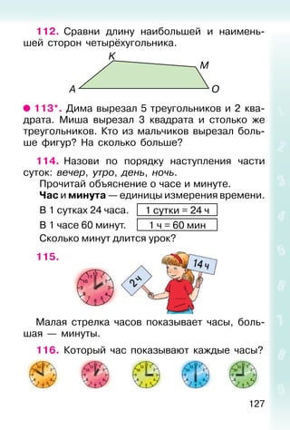 127
112. Сравни длину наибольшей и наимень-
шей сторон четырёхугольника.
A O
M
K
113*. Дима вырезал 5 треугольников и 2 ква-
драта. Миша вырезал 3 квадрата и столько же
треугольников. Кто из мальчиков вырезал боль-
ше фигур? На сколько больше?
114. Назови по порядку наступления части
суток: вечер, утро, день, ночь.
Прочитай объяснение о часе и минуте.
Час и минута — единицы измерения времени.
В 1 сутках 24 часа. 1 сутки = 24 ч
В 1 часе 60 минут. 1 ч = 60 мин
Сколько минут длится урок?
115.
Малая стрелка часов показывает часы, боль-
шая — минуты.
116. Который час показывают каждые часы?
 