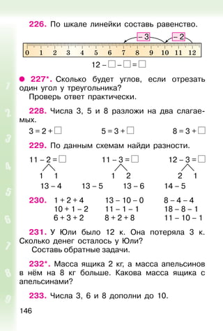 146
226. По шкале линейки составь равенство.
12 – – =
227*. Сколько будет углов, если отрезать
один угол у треугольника?
Проверь ответ практически.
228. Числа 3, 5 и 8 разложи на два слагае-
мых.
3 = 2 + 5 = 3 + 8 = 3 +
229. По данным схемам найди разности.
11 – 2 = 11 – 3 = 12 – 3 =
1 1 1 2 2 1
13 – 4 13 – 5 13 – 6 14 – 5
230. 1 + 2 + 4 13 – 10 – 0 8 – 4 – 4
10 + 1 – 2 11 – 1 – 1 18 – 8 – 1
6 + 3 + 2 8 + 2 + 8 11 – 10 – 1
231. У Юли было 12 к. Она потеряла 3 к.
Сколько денег осталось у Юли?
Составь обратные задачи.
232*. Масса ящика 2 кг, а масса апельсинов
в нём на 8 кг больше. Какова масса ящика с
апельсинами?
233. Числа 3, 6 и 8 дополни до 10.
 