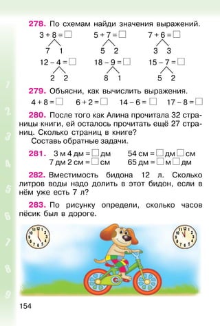 154
278. По схемам найди значения выражений.
3 + 8 = 5 + 7 = 7 + 6 =
7 1 5 2 3 3
12 – 4 = 18 – 9 = 15 – 7 =
2 2 8 1 5 2
279. Объясни, как вычислить выражения.
4 + 8 = 6 + 2 = 14 – 6 = 17 – 8 =
280. После того как Алина прочитала 32 стра-
ницы книги, ей осталось прочитать ещё 27 стра-
ниц. Сколько страниц в книге?
Составь обратные задачи.
281. 3 м 4 дм = дм 54 см = дм см
7 дм 2 см = см 65 дм = м дм
282. Вместимость бидона 12 л. Сколько
литров воды надо долить в этот бидон, если в
нём уже есть 7 л?
283. По рисунку определи, сколько часов
пёсик был в дороге.
 