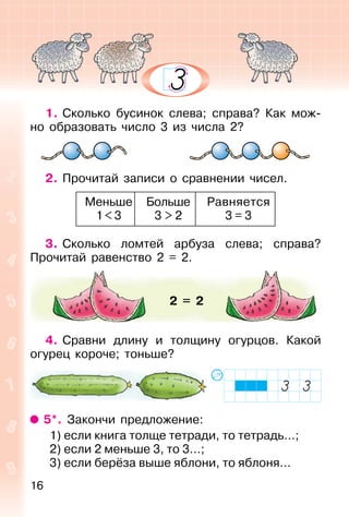 16
1. Сколько бусинок слева; справа? Как мож-
но образовать число 3 из числа 2?
2. Прочитай записи о сравнении чисел.
Меньше
1<3
Больше
3 > 2
Равняется
3 = 3
3. Сколько ломтей арбуза слева; справа?
Прочитай равенство 2 = 2.
4. Сравни длину и толщину огурцов. Какой
огурец короче; тоньше?
5*. Закончи предложение:
1) если книга толще тетради, то тетрадь…;
2) если 2 меньше 3, то 3…;
3) если берёза выше яблони, то яблоня…
2 = 2
 