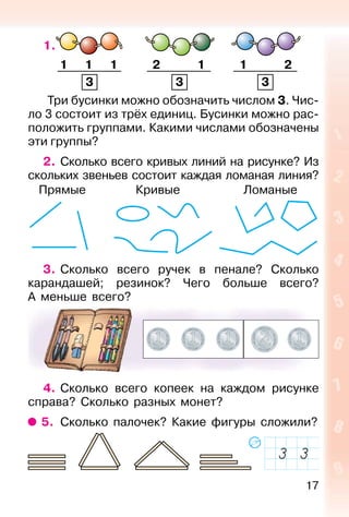 17
1.
Три бусинки можно обозначить числом 3. Чис-
ло 3 состоит из трёх единиц. Бусинки можно рас-
положить группами. Какими числами обозначены
эти группы?
2. Сколько всего кривых линий на рисунке? Из
скольких звеньев состоит каждая ломаная линия?
Прямые Кривые Ломаные
3. Сколько всего ручек в пенале? Сколько
карандашей; резинок? Чего больше всего?
А меньше всего?
4. Сколько всего копеек на каждом рисунке
справа? Сколько разных монет?
5. Сколько палочек? Какие фигуры сложили?
333
1 1 1 2 1 1 2
 