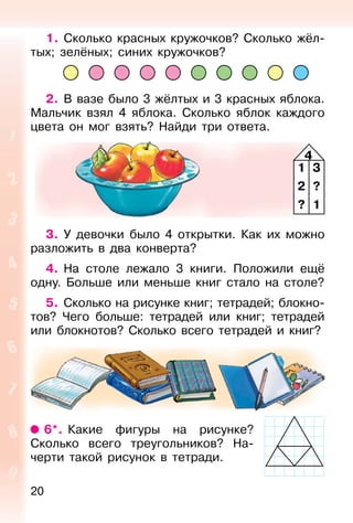 20
1. Сколько красных кружочков? Сколько жёл-
тых; зелёных; синих кружочков?
2. В вазе было 3 жёлтых и 3 красных яблока.
Мальчик взял 4 яблока. Сколько яблок каждого
цвета он мог взять? Найди три ответа.
3. У девочки было 4 открытки. Как их можно
разложить в два конверта?
4. На столе лежало 3 книги. Положили ещё
одну. Больше или меньше книг стало на столе?
5. Сколько на рисунке книг; тетрадей; блокно-
тов? Чего больше: тетрадей или книг; тетрадей
или блокнотов? Сколько всего тетрадей и книг?
6*. Какие фигуры на рисунке?
Сколько всего треугольников? На-
черти такой рисунок в тетради.
4
1
2
?
3
?
1
 
