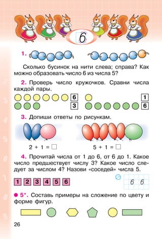 26
1.
Сколько бусинок на нити слева; справа? Как
можно образовать число 6 из числа 5?
2. Проверь число кружочков. Сравни числа
каждой пары.
6 1
3 6
3. Допиши ответы по рисункам.
2 + 1 = 5 + 1 =
4. Прочитай числа от 1 до 6, от 6 до 1. Какое
число предшествует числу 3? Какое число сле-
дует за числом 4? Назови «соседей» числа 5.
1 2 3 4 5 6
5*. Составь примеры на сложение по цвету и
форме фигур.
 