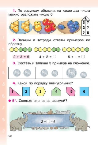 28
1. По рисункам объясни, на какие два числа
можно разложить число 6.
2. Запиши в тетради ответы примеров по
образцу.
2 + 3 = 5 4 + 2 = 5 + 1 =
3. Составь и запиши 3 примера на сложение.
4. Какой по порядку пятиугольник?
5*. Сколько слонов за ширмой?
1 2 3 4 5 6
6
3
2
?
?
?
5
2 + = 6
 