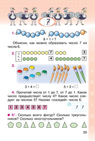 29
1.
6 + 1 = 7
Объясни, как можно образовать число 7 из
числа 6.
2. 7 3
4 7
3.
3 + 4 = 5 + 2 =
4. Прочитай числа от 1 до 7, от 7 до 1. Какое
число предшествует числу 4? Какое число сле-
дует за числом 5? Назови «соседей» числа 6.
1 2 3 4 5 6 7
5*. Сколько всего фигур? Сколько треуголь-
ников? Сколько многоугольников?
>
<
=
 